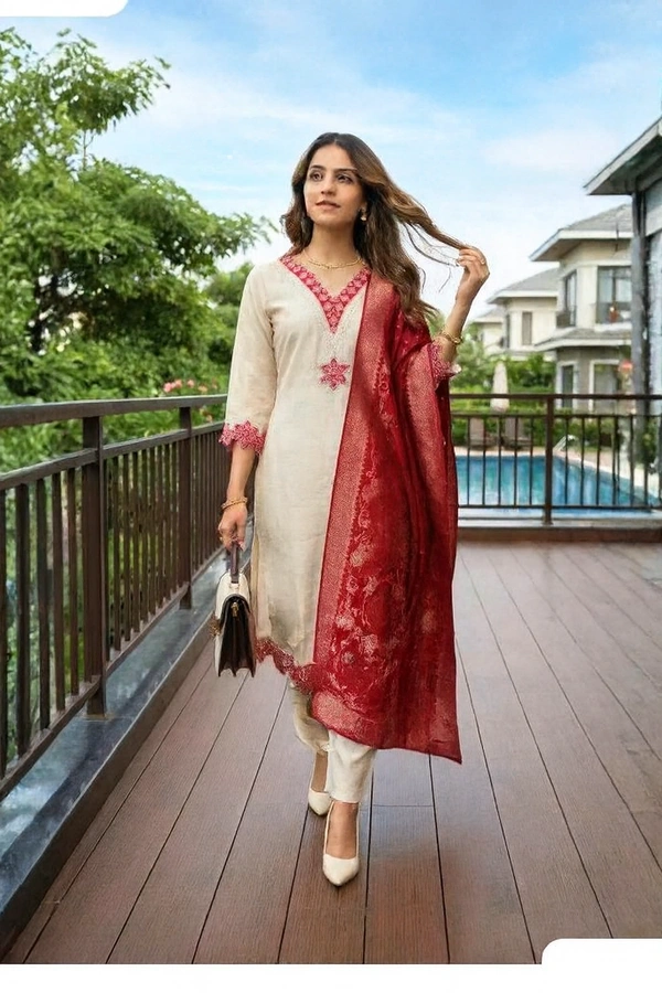 Bonclaire Ivory & Red Embroidered Suit Set with Dupatta (3-Piece) | Straight Kurta + Pants + Red Jacquard Dupatta