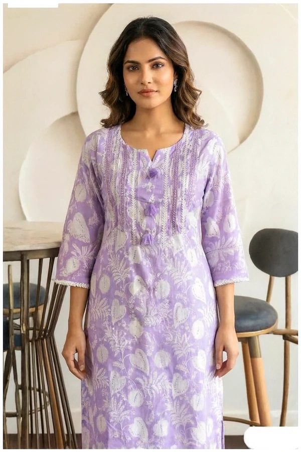 Bonclaire Lavender Printed Suit Set with Dupatta (3-Piece) | Embroidered Yoke Kurta + Pants + Matching Dupatta