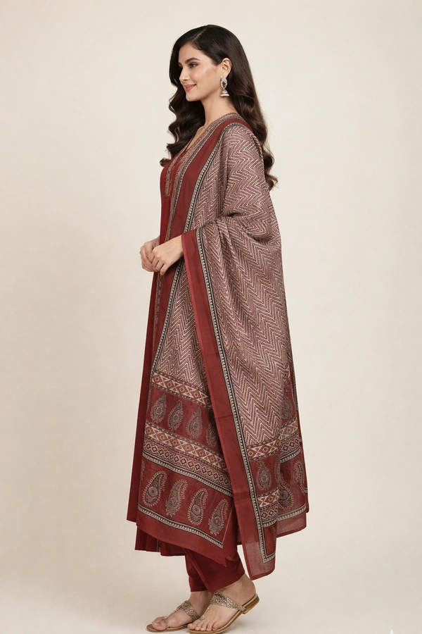 Bonclaire Maroon Suit Set with Dupatta (3-Piece) | Straight Kurta + Pants + Printed Dupatta