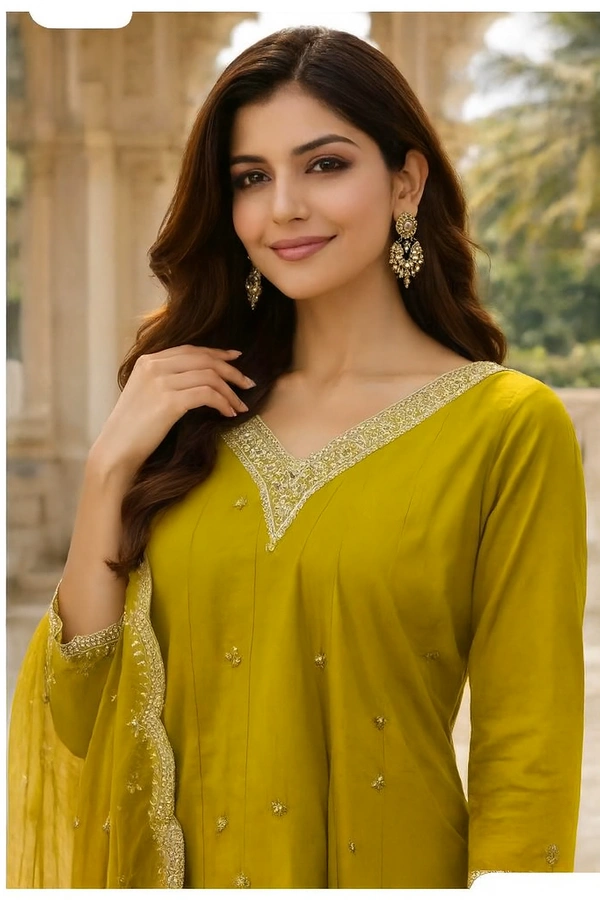 Bonclaire Olive Green Kurta Set with Dupatta (3-Piece) | V-Neck Zari Border Kurta + Pants + Matching Dupatta