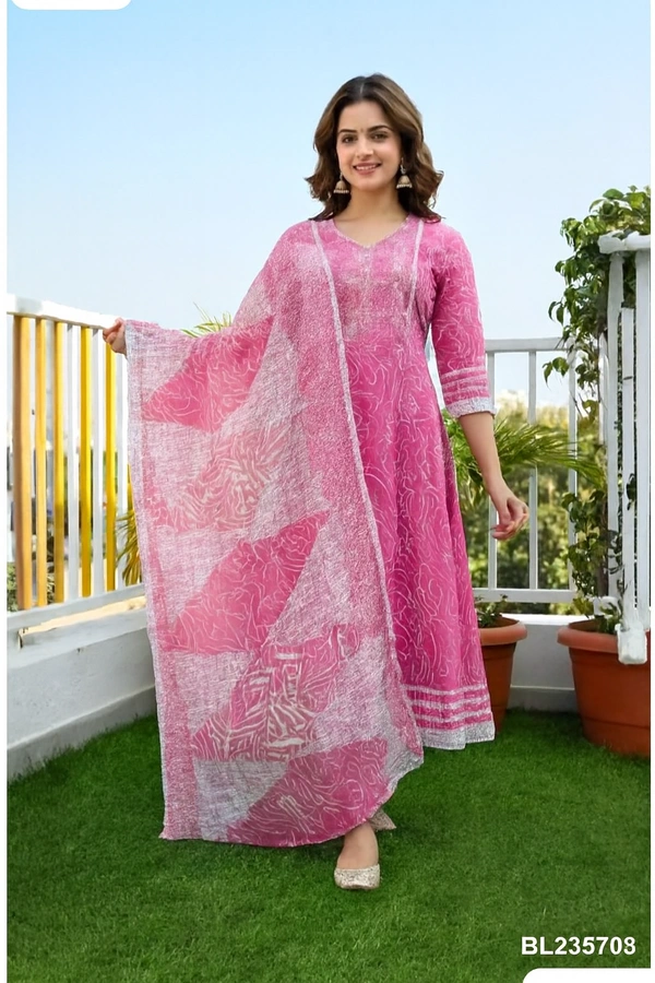 Bonclaire Pink Printed Suit Set with Dupatta (3-Piece) | A-Line V-Neck Kurta + Pants + Lightweight Printed Dupatta |