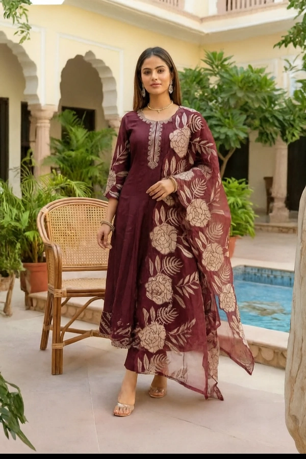 Bonclaire Wine Floral Suit Set with Dupatta (3-Piece) | Embroidered Neck A-Line Kurta + Pants + Statement Printed Dupatta