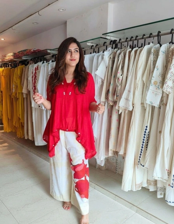 Red Rayon Co-Ord Set (2-Piece) | Asymmetrical Tunic Top + Floral Printed Palazzo