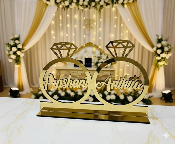 AgnivDecors Customized Golden Mirror Acrylic Name Plate | Personalized Couple Gift | Engagement Wedding Ring Design with Names | Anniversary & Home Decor Showpiece