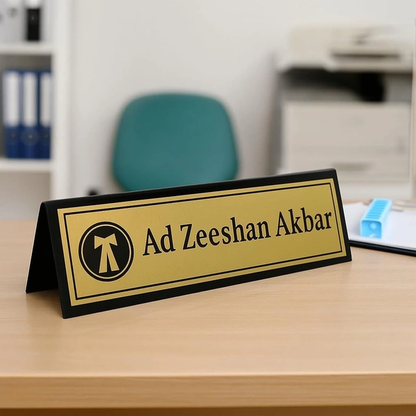 Customized Name Plate for Office Desk (10x2.5 Inch) - Premium Acrylic Table Top Name Board with Logo - Personalized Gift for Boss, Doctor, Lawyer, Teacher - Custom Text Both Sides Available - Golden