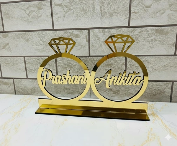 AgnivDecors Customized Golden Mirror Acrylic Name Plate | Personalized Couple Gift | Engagement Wedding Ring Design with Names | Anniversary & Home Decor Showpiece