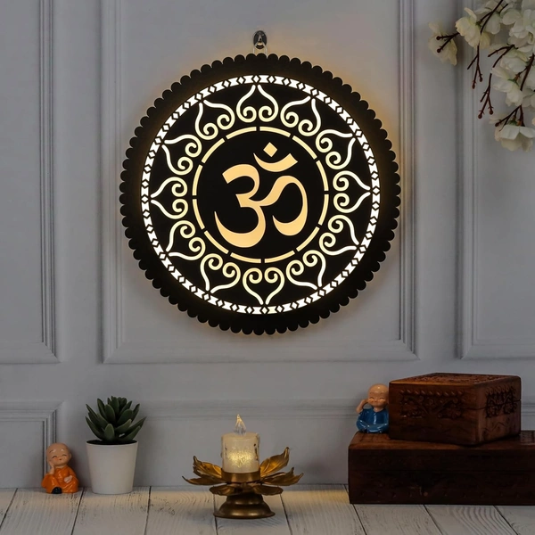Wooden Om Wall Decor with LED Light for Living Room & Pooja Room | Spiritual Wall Hanging Decoration | Temple & Home Decor Items | Decorative Wall Light for Mandir