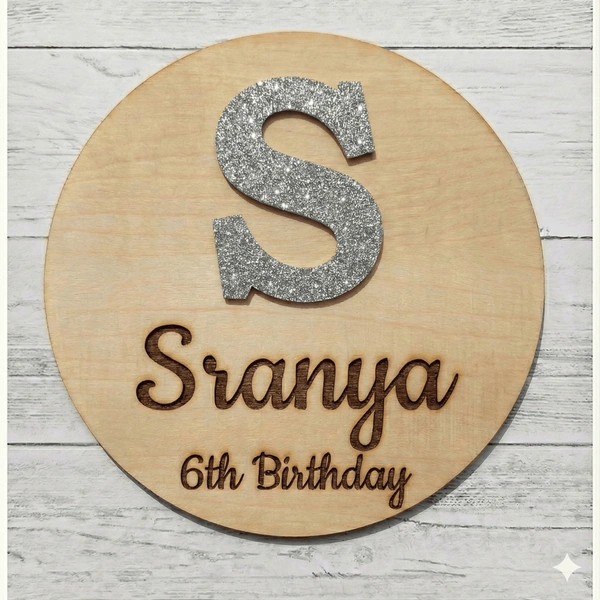 Personalised Wooden Name Board with Glitter Alphabet Initial – Custom Birthday Decor for Any Age | Handmade Laser-Cut Name Plate for Parties, Room Décor & Gift - 12x12 Inch