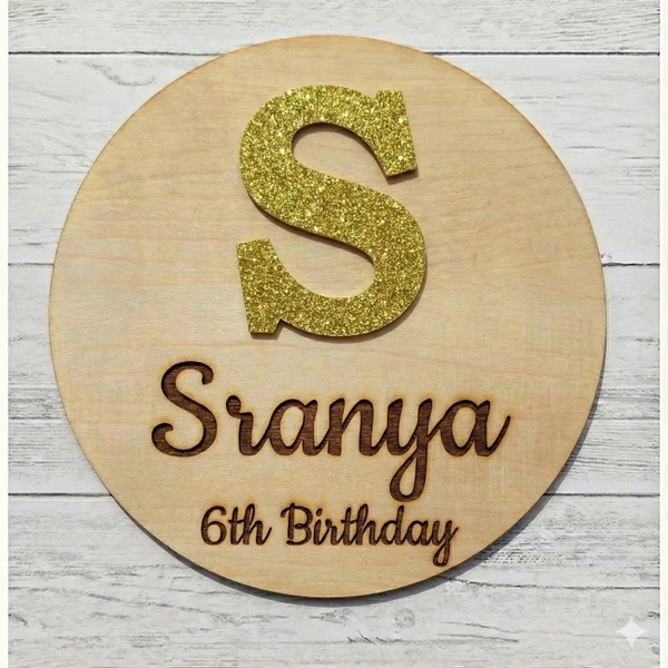 Personalised Wooden Name Board with Glitter Alphabet Initial – Custom Birthday Decor for Any Age | Handmade Laser-Cut Name Plate for Parties, Room Décor & Gift - 12x12 Inch