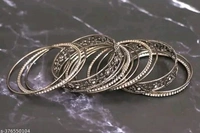 Traditional Metal Floral Design with Stone Kadas Bangles Set - 2.2, Black