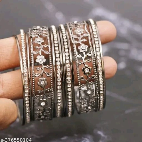 Traditional Metal Floral Design with Stone Kadas Bangles Set - 2.2, Black
