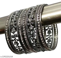 Traditional Metal Floral Design with Stone Kadas Bangles Set - 2.2, Black