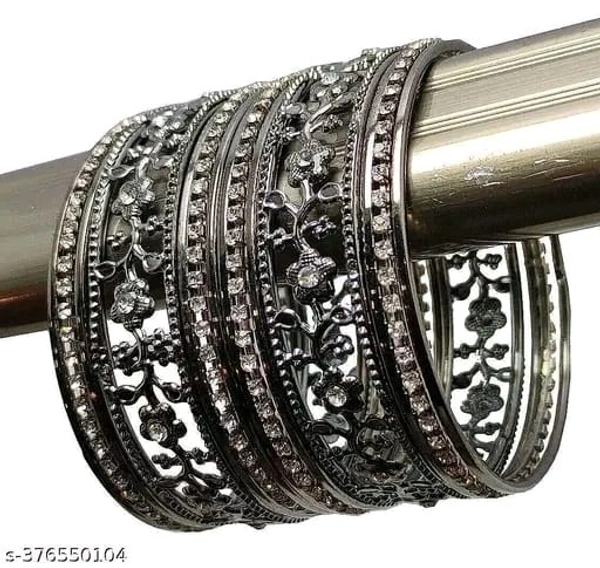 Traditional Metal Floral Design with Stone Kadas Bangles Set - 2.2, Black