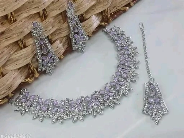 Rhodium Plated Necklace Set ย With Light Purple Color Kundan - Free Size, White