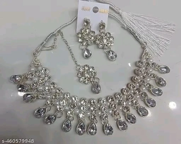 Beautiful White American Diamond (AD) Necklace Set with Earrings and Maangtika - Free Size, White
