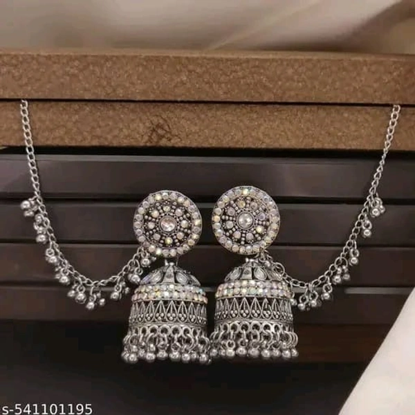 Oxidised Silver Bahubali Earrings With Chain for Women/Girls - Free Size, Silver