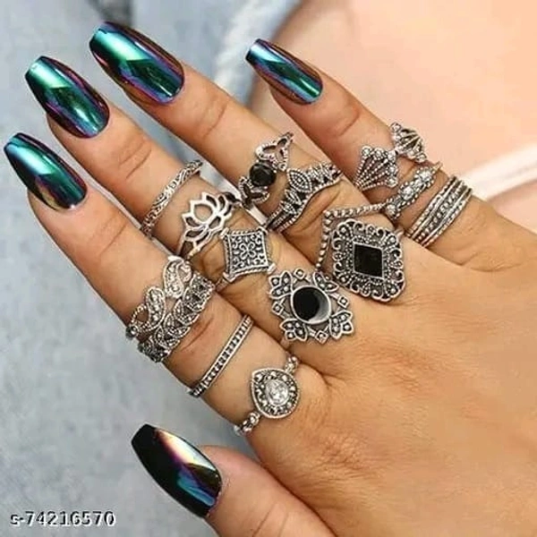 Vembley Silver Plated 15 Piece Multi Designs Ring Set For Women and Girls - Free Size, Silver