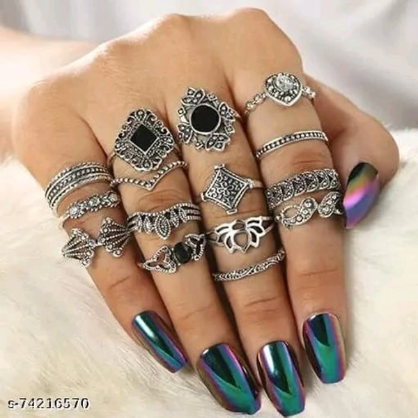 Vembley Silver Plated 15 Piece Multi Designs Ring Set For Women and Girls - Free Size, Silver