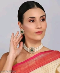 BRASS GOLD-PLATED WHITE & CRYSTAL NECKLACE CHOKER SET FOR WOMEN&GIRL - Free Size, White