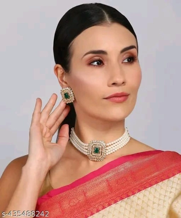 BRASS GOLD-PLATED WHITE & CRYSTAL NECKLACE CHOKER SET FOR WOMEN&GIRL - Free Size, White