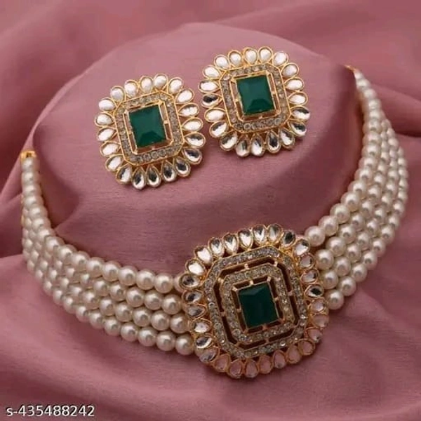 BRASS GOLD-PLATED WHITE & CRYSTAL NECKLACE CHOKER SET FOR WOMEN&GIRL - Free Size, White