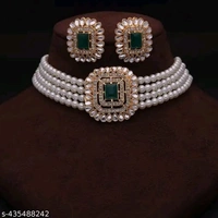 BRASS GOLD-PLATED WHITE & CRYSTAL NECKLACE CHOKER SET FOR WOMEN&GIRL - Free Size, White