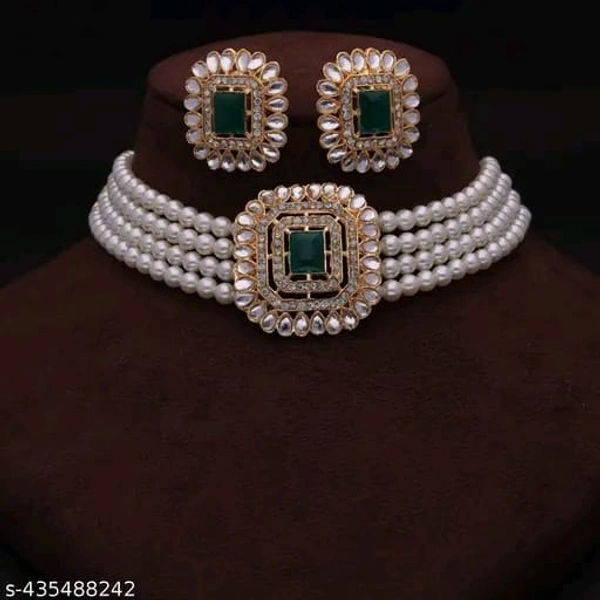 BRASS GOLD-PLATED WHITE & CRYSTAL NECKLACE CHOKER SET FOR WOMEN&GIRL - Free Size, White