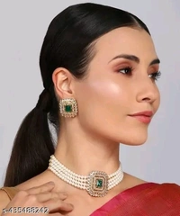 BRASS GOLD-PLATED WHITE & CRYSTAL NECKLACE CHOKER SET FOR WOMEN&GIRL - Free Size, White