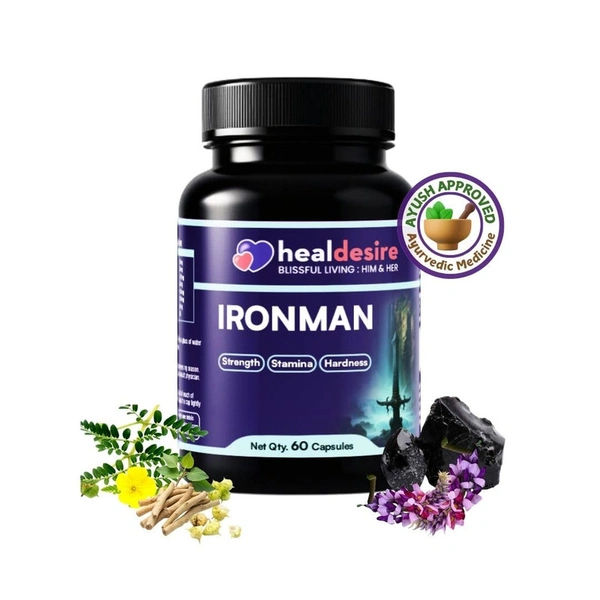 HealDesire Ironman | Ayurvedic Herbal Supplement with 7 Power Herbs – Shilajit, Ashwagandha, Vang Bhasm, Gokshur | Supports Vitality & Wellness | 100% Natural & Vegetarian | 60 Capsules