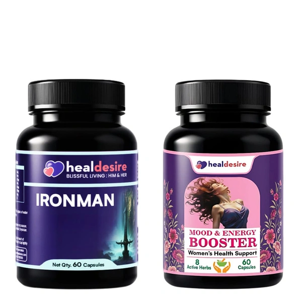 HealDesire Ironman + Women’s Energy Booster Combo | Ayurvedic Herbs with Shilajit & Ashwagandha | Supports Vitality, Strength & Energy | Natural, Vegetarian | 2×60 Capsules