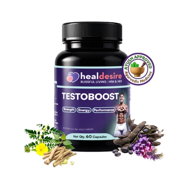 HealDesire Testoboost| Herbal Testosterone Support Formula with Safed Muesli, Gokshur & More | Supports Vitality & Wellbeing | 60 Veg Capsules