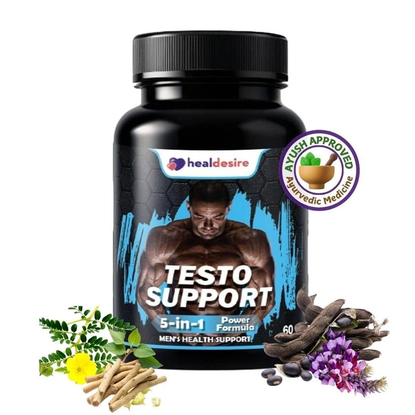 HealDesire TestoSupport | Herbal Testosterone Support Formula with Safed Muesli, Gokshur & More | Supports Vitality & Wellbeing | 60 Veg Capsules
