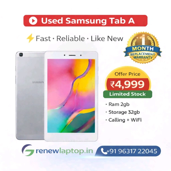 Used Samsung Galaxy Tab A (2GB RAM, 32GB Storage) | Calling + WiFi | 1 Month Replacement Warranty - 32 GB, 2 GB