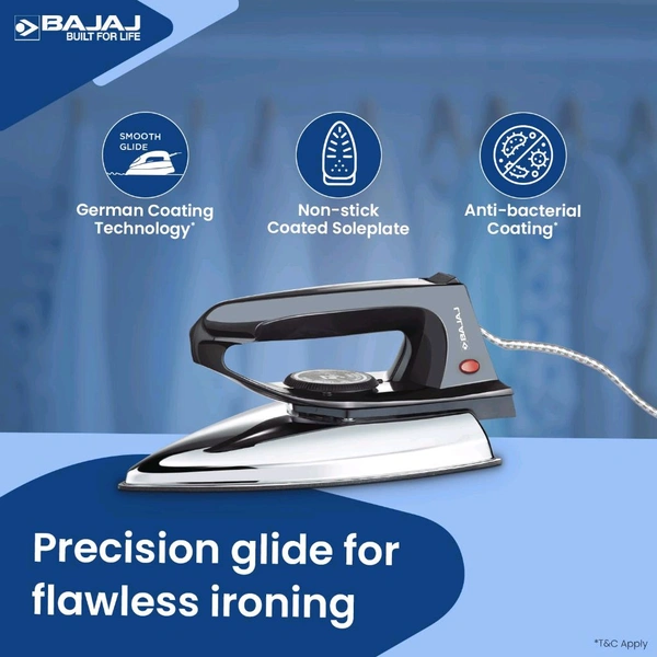 Bajaj DX-2 600W Dry Iron | Advance Soleplate And Anti-Bacterial German Coating Technology | 180 Degree Swivel Cord | Cool Touch Handle | 2-Yrs Warranty ?Black?, 600 watts, Stainless Steel
