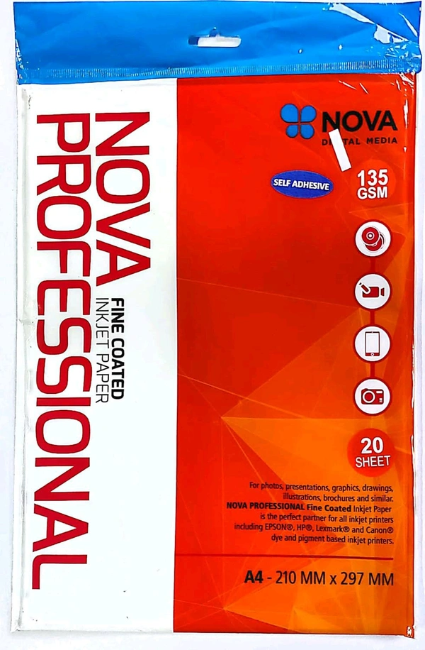 NOVA PROFESSIONAL FINE COATED INKJET PAPERS, A4 SIZE - "STICKER SHEET" (SELF ADHESIVE) (210MM X 297 MM)- 130 GSM