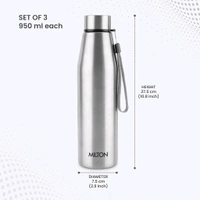 Milton MILTON Drift 1000 Stainless Steel Water Bottle 950 ml, Set of 3, Single Walled, ISI Certified I Leak Proof Lid, Rust Proof I For School, Office, Gym I Silver