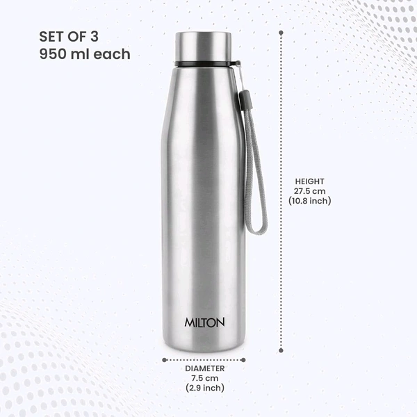 Milton MILTON Drift 1000 Stainless Steel Water Bottle 950 ml, Set of 3, Single Walled, ISI Certified I Leak Proof Lid, Rust Proof I For School, Office, Gym I Silver