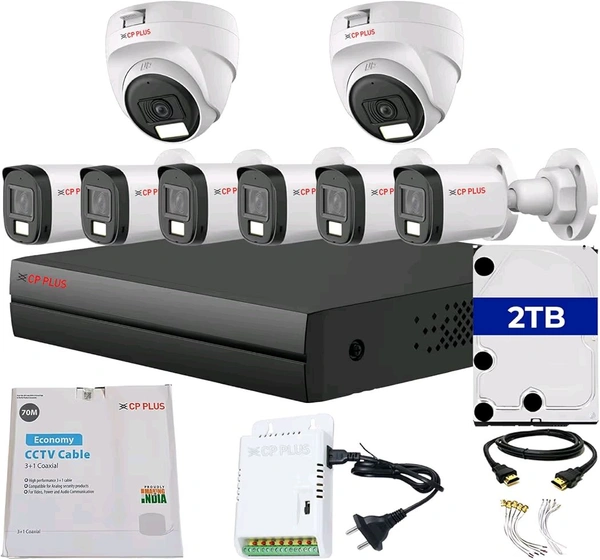 Cp Plus CP PLUS 8 channel DVR with 2MP 6x OUTDOOR & 2x INDOOR, Built-in Audio Mic, Dual Light Color Night Vision wired CCTV Cameras, Motion Detection, 8 Channel SMPS, 70 Meters Cable, 2TB HDD, Required BNC/DC