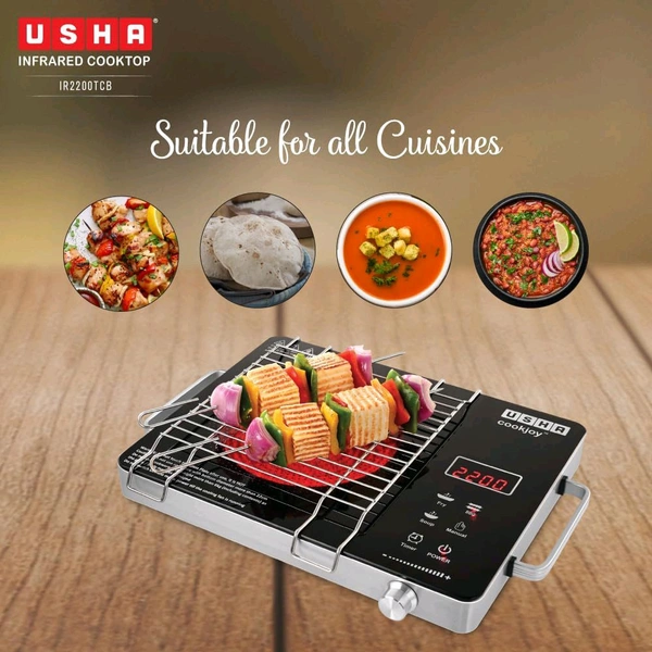 Usha USHA IR2200TCB Infrared Induction Cooktop with grill | 2200 Watts | 11 Power Level | 4 Preset Menu | Feather Touch Controls | Digital display | 1 Year Warranty| Black