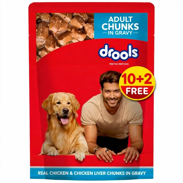 DROOLS ADULT REAL CHICKEN AND CHICKEN LIVER CHUNKS IN GRAVY 60G *10 +2 POUCH FREE