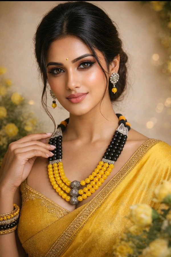 Traditional Black Yellow Beads Necklace Set with Oxidized Pendant | Ethnic Temple Jewellery for Women