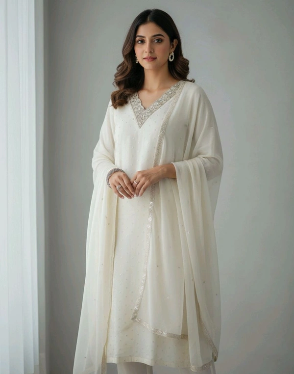 Beige Chanderi Silk Cotton Kurti  With Dupatta And Pant 