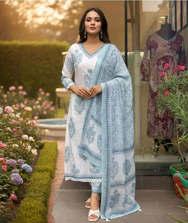 Ivory Blue Handprint Kurta Set - Medium