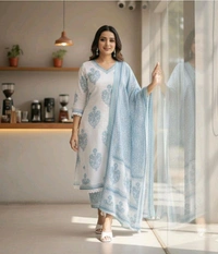 Ivory Blue Handprint Kurta Set - Medium