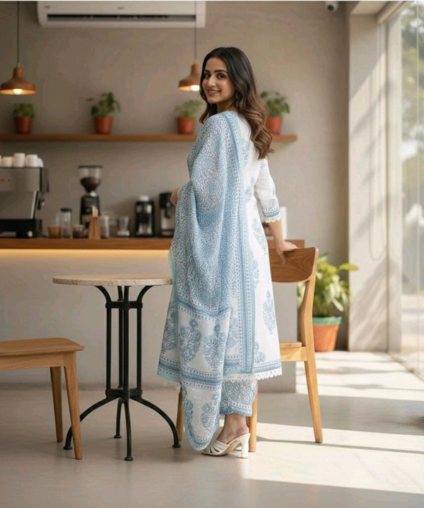 Ivory Blue Handprint Kurta Set - Medium