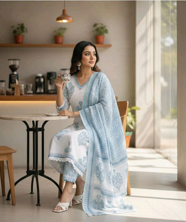 Ivory Blue Handprint Kurta Set - Medium