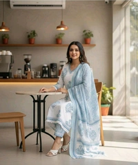 Ivory Blue Handprint Kurta Set - Medium