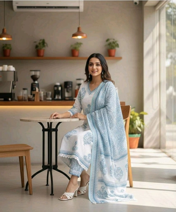 Ivory Blue Handprint Kurta Set - Medium