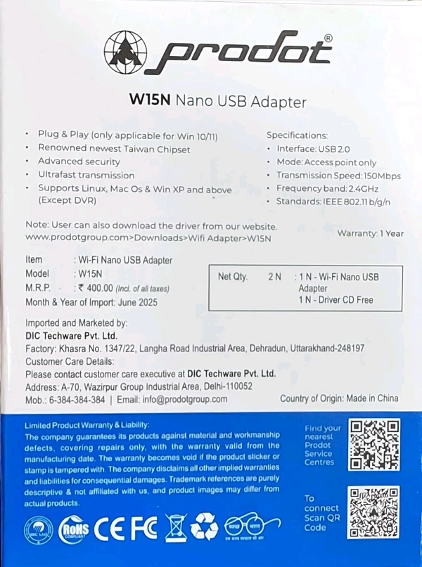 PRODOT WIRELESS WIFI 150Mbps W15N NANO USB DONGLE