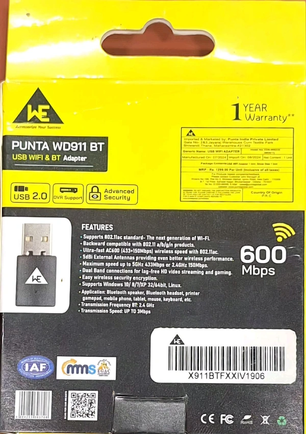 PUNTA WIRELESS WIFI & B.T 600MBPS USB ADAPTER WD911 BT